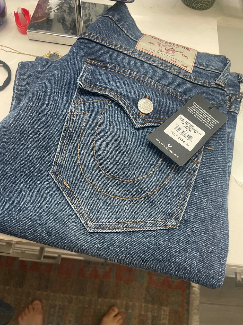 True Religion Straight Leg Jeans in Mid Blue Wash